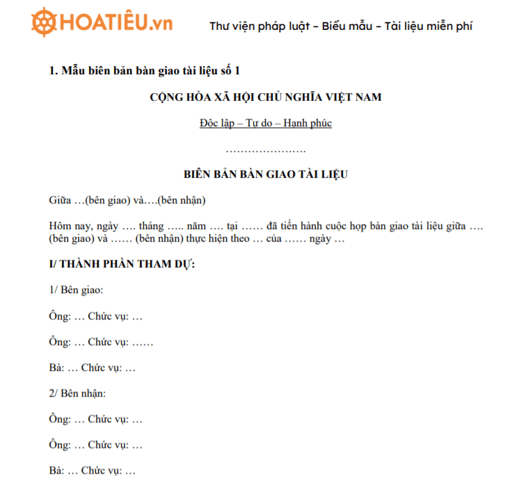 Mẫu biên bản bàn giao tài liệu