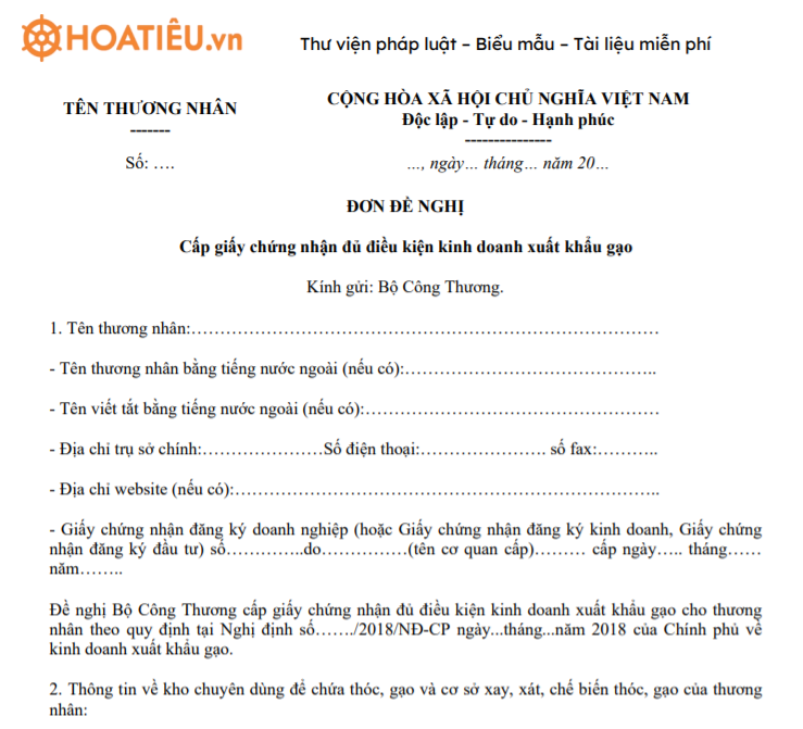 Đơn xin cấp giấy chứng nhận đủ điều kiện xuất khẩu gạo