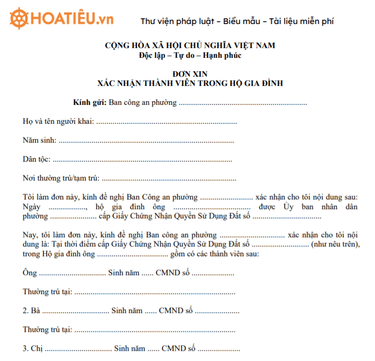Đơn xin xác nhận thành viên trong hộ gia đình