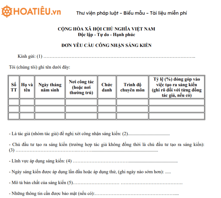 Mẫu đơn yêu cầu công nhận sáng kiến kinh nghiệm