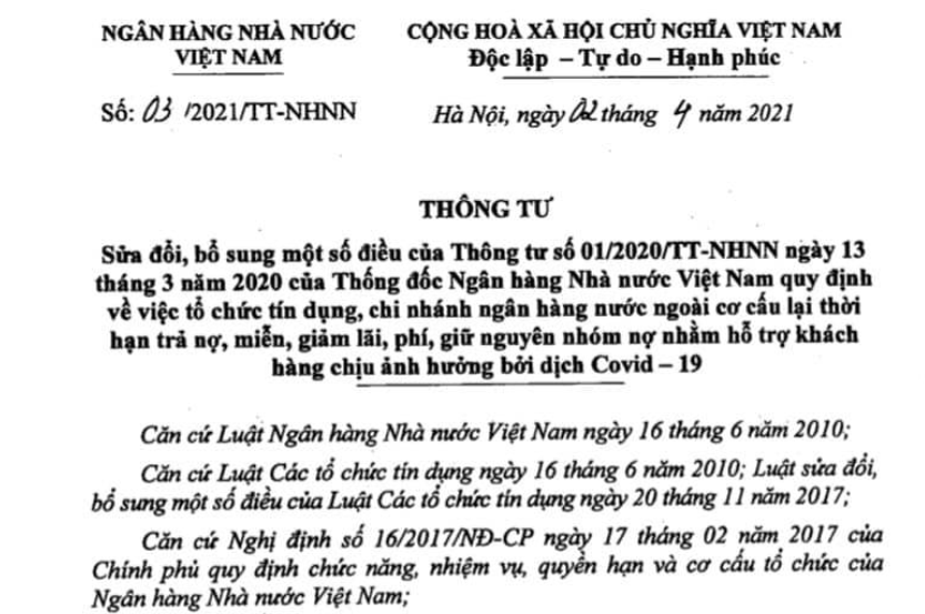 Thông tư 03/2021 cơ cấu lại nợ, miễn, giảm lãi cho khách hàng bị ảnh hưởng Covid-19 đến 31/12/2021