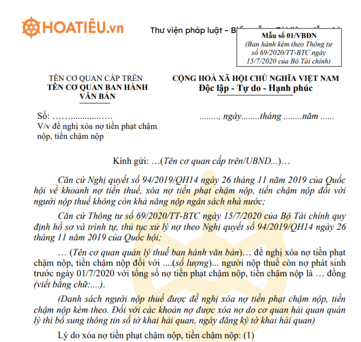 Văn bản đề nghị xóa nợ tiền thuế, tiền phạt
