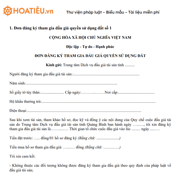 Đơn đăng ký tham gia đấu giá quyền sử dụng đất