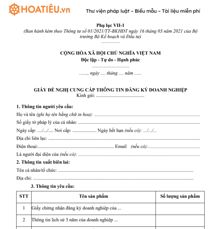 Giấy đề nghị cung cấp thông tin đăng ký doanh nghiệp - Phụ lục VII-1