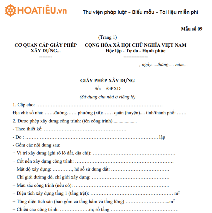 Giấy phép xây dựng (Sử dụng cho nhà ở riêng lẻ)