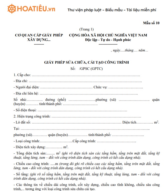 Mẫu giấy phép sửa chữa, cải tạo công trình