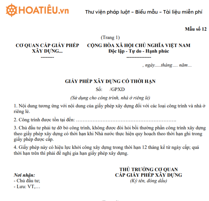 Mẫu giấy phép xây dựng có thời hạn