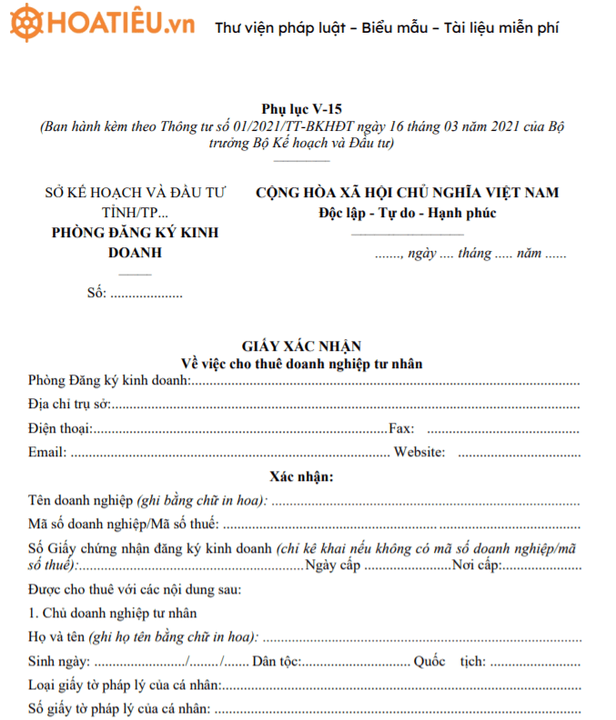 Mẫu giấy xác nhận về việc cho thuê doanh nghiệp tư nhân - Phụ lục V-15