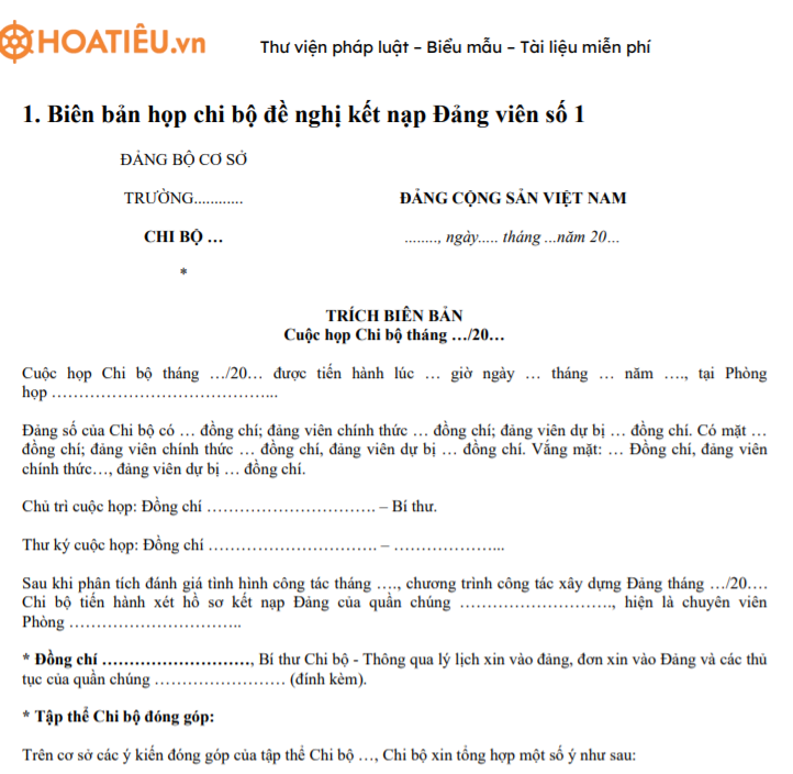 Biên bản họp chi bộ đề nghị kết nạp Đảng viên