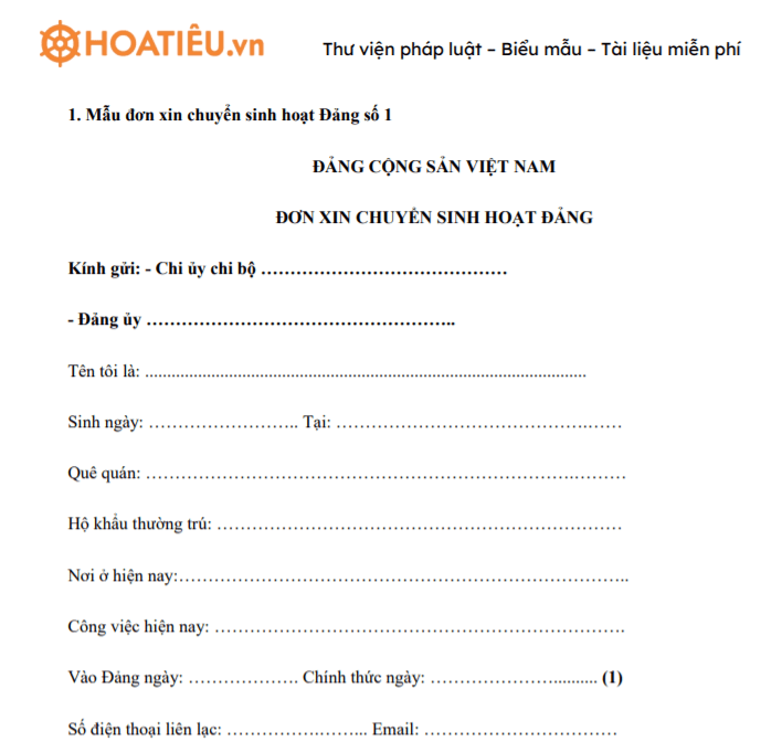 Đơn xin chuyển sinh hoạt Đảng 2021