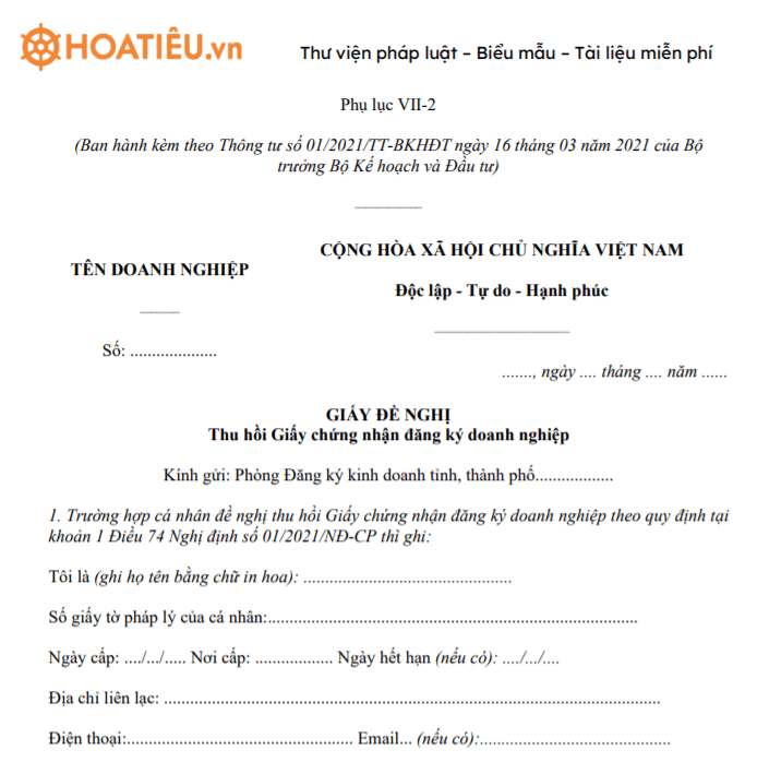 Giấy đề nghị thu hồi Giấy chứng nhận đăng ký doanh nghiệp - Phụ lục VII-2