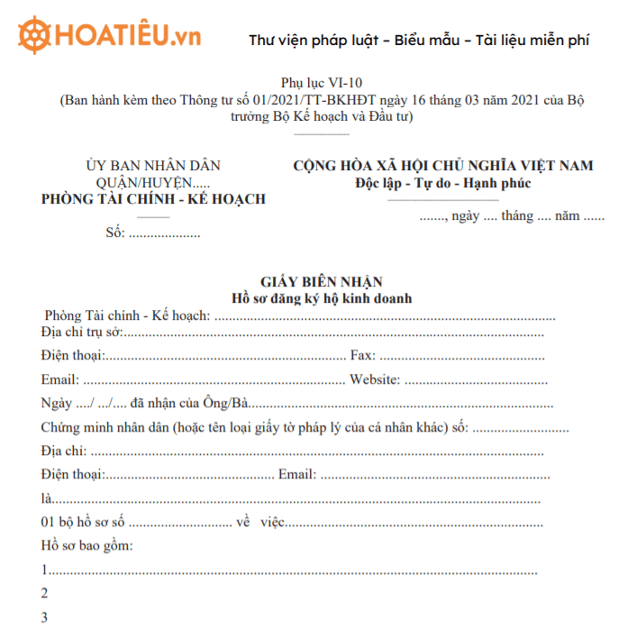 Mẫu giấy biên nhận hồ sơ đăng ký hộ kinh doanh - Phụ lục VI-10