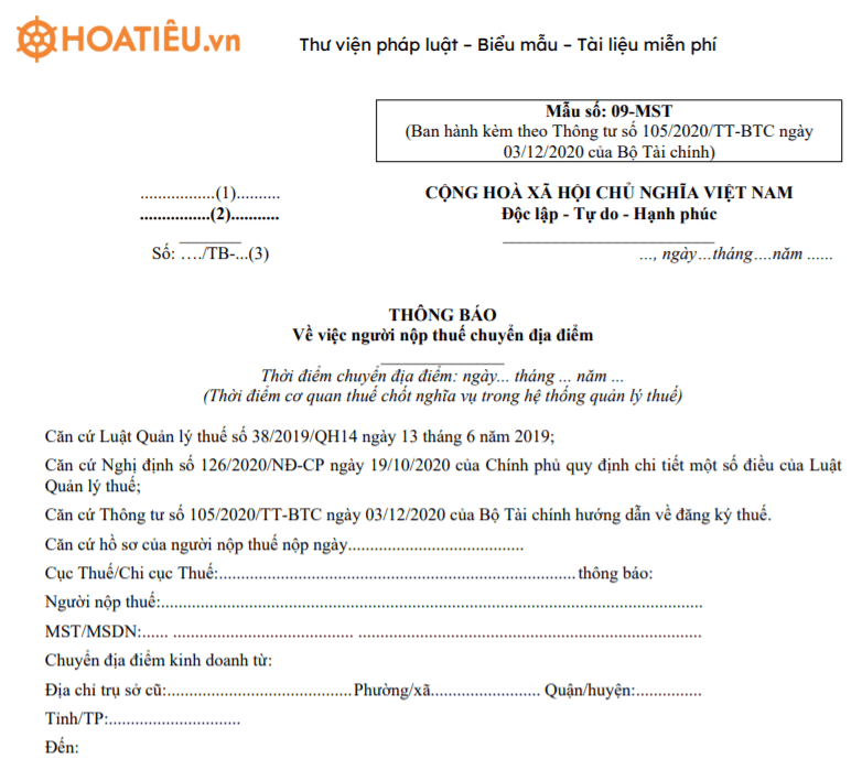 Mẫu số 09-MST: Thông báo về việc người nộp thuế chuyển địa điểm