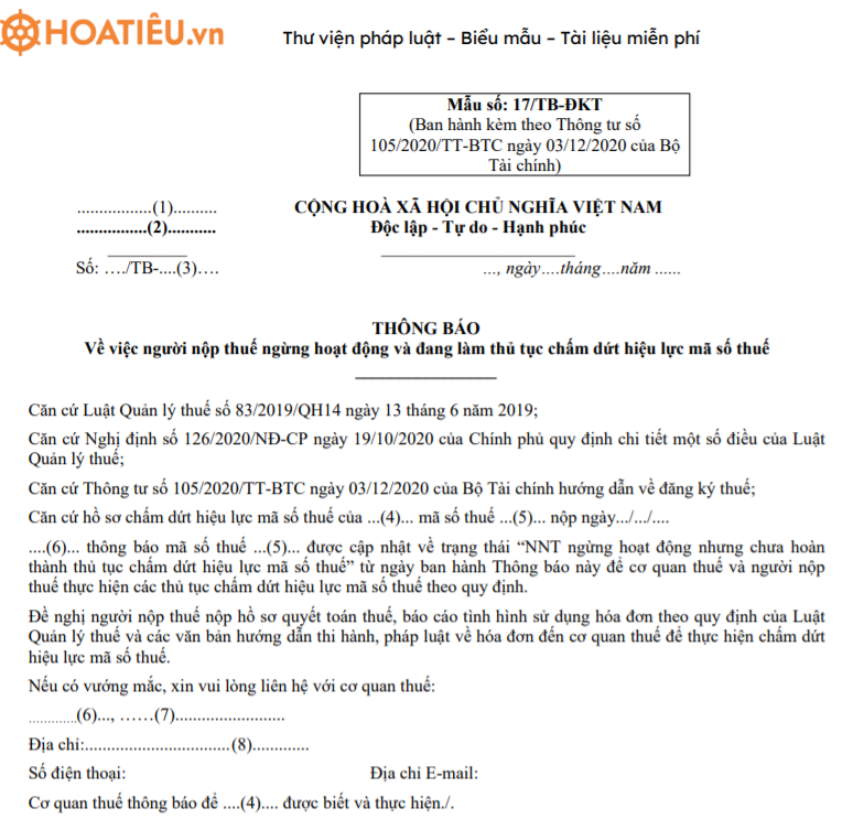Mẫu số 17/TB- ĐKT: Thông báo người nộp thuế ngừng hoạt động và làm thủ tục chấm dứt hiệu lực mã số thuế