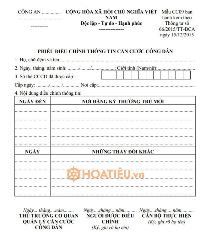 Phiếu điều chỉnh thông tin căn cước công dân