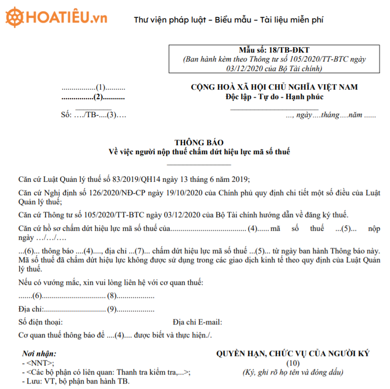 Mẫu số 18/TB-ĐKT: Thông báo về việc người nộp thuế chấm dứt hiệu lực mã số thuế