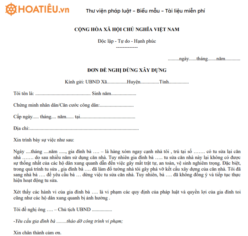 Mẫu đơn đề nghị dừng việc xây dựng