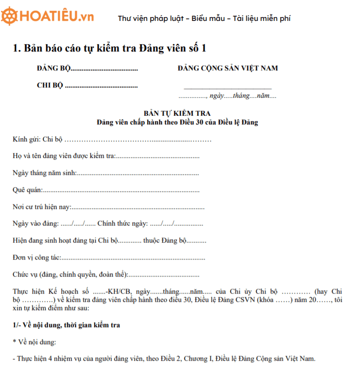Mẫu bản báo cáo tự kiểm tra Đảng viên chấp hành năm 2021