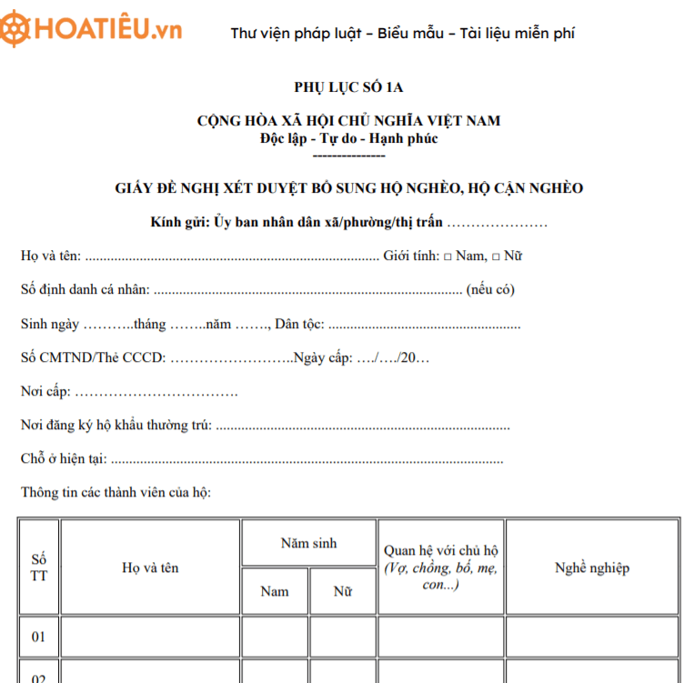 Mẫu giấy đề nghị xét duyệt bổ sung hộ nghèo, hộ cận nghèo