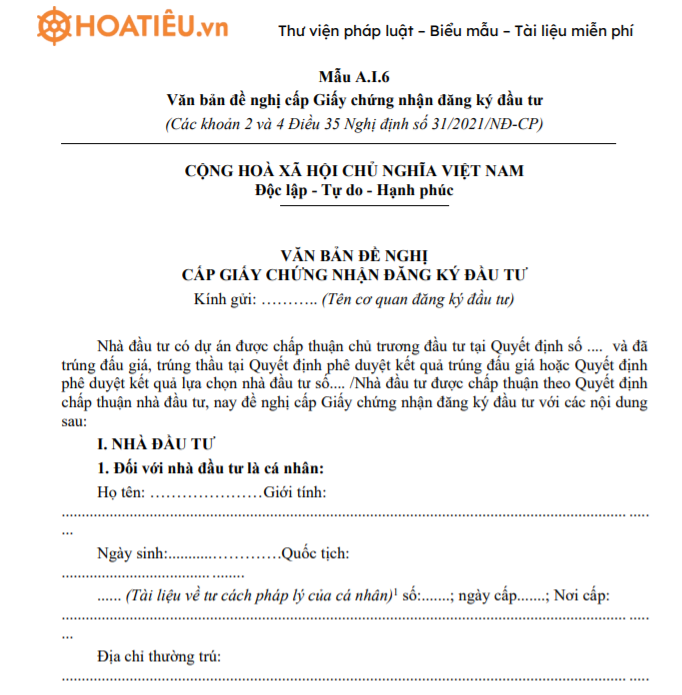 Mẫu A.I.6: Văn bản đề nghị cấp Giấy chứng nhận đăng ký đầu tư