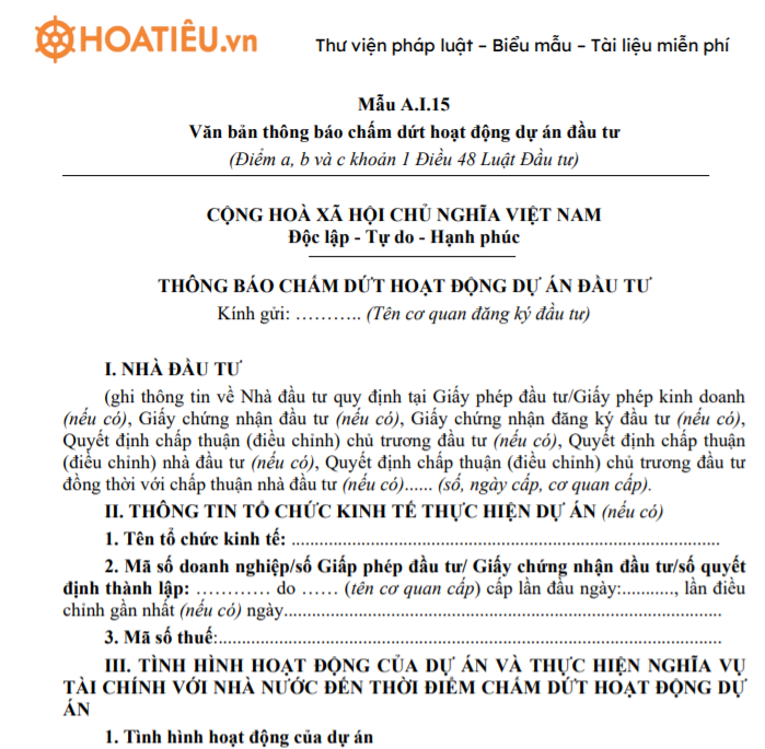Văn bản thông báo chấm dứt hoạt động dự án đầu tư