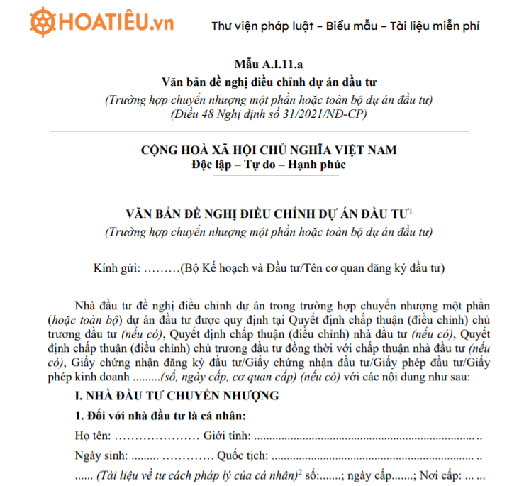 Mẫu A.I.11.a: Mẫu văn bản đề nghị điều chỉnh dự án đầu tư