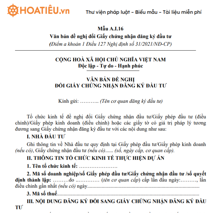 Mẫu A.I.16: Văn bản đề nghị đổi giấy chứng nhận đăng ký đầu tư