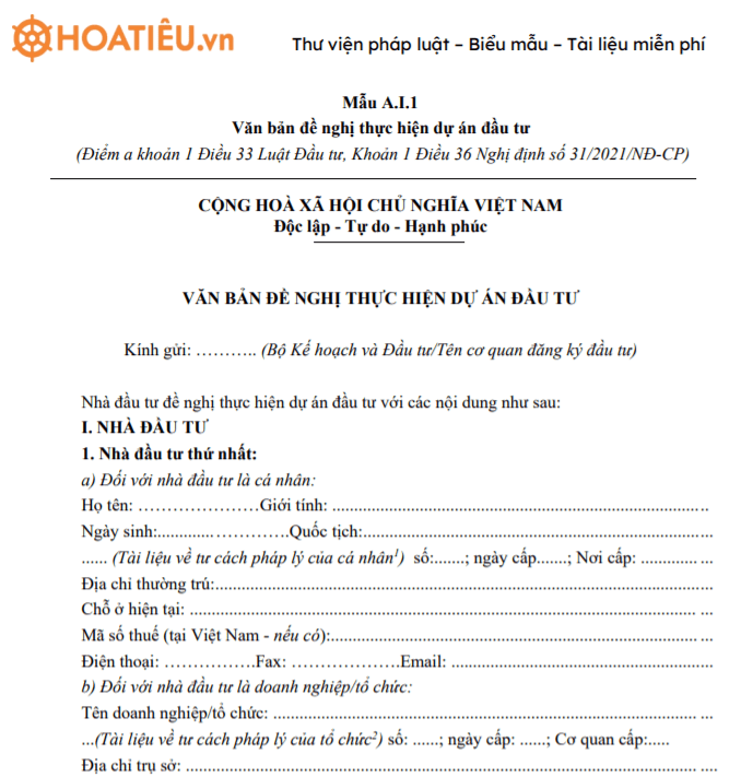 Mẫu A.I.1: Văn bản đề nghị thực hiện dự án đầu tư