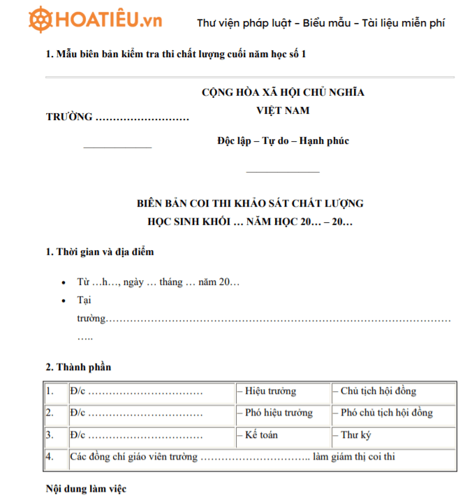 Mẫu biên bản kiểm tra thi chất lượng cuối năm học