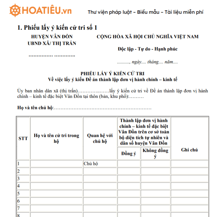Mẫu phiếu lấy ý kiến cử tri