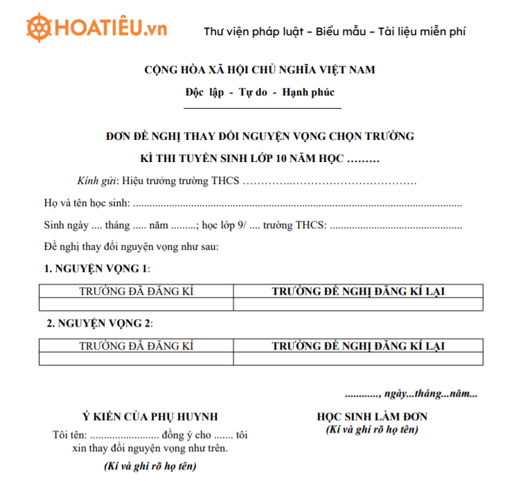 Đơn xin chuyển đổi khu vực tuyển sinh lớp 10