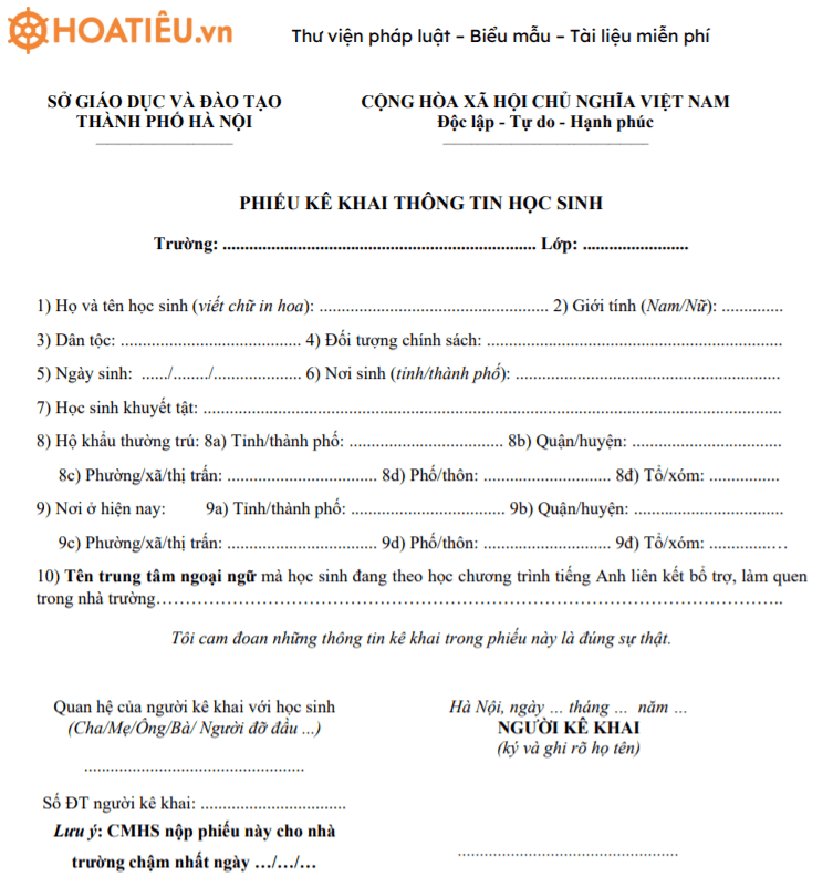 Phiếu kê khai thông tin học sinh