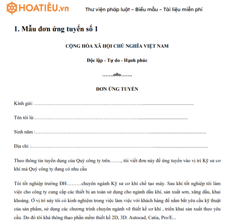 Mẫu Đơn Ứng Tuyển Chọn Lọc
