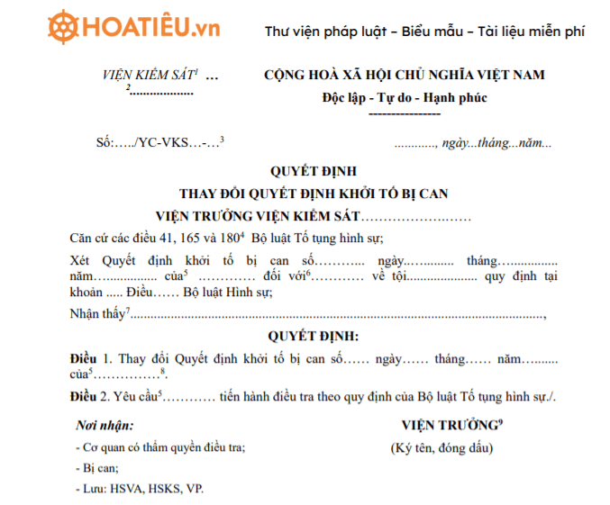 Mẫu số 95/HS: Quyết định thay đổi quyết định khởi tố bị can