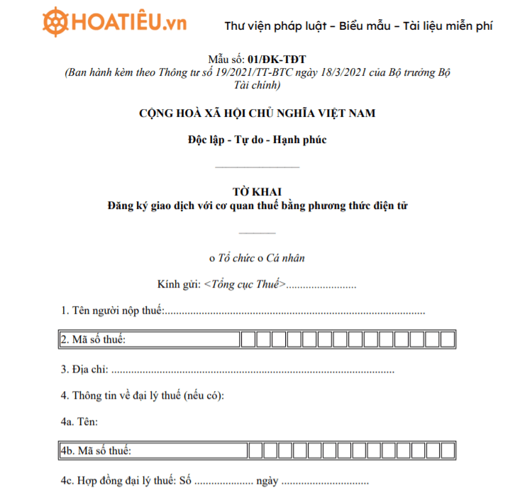 Mẫu số 01/ĐK-TĐT: Tờ khai đăng ký giao dịch với cơ quan thuế bằng phương thức điện tử