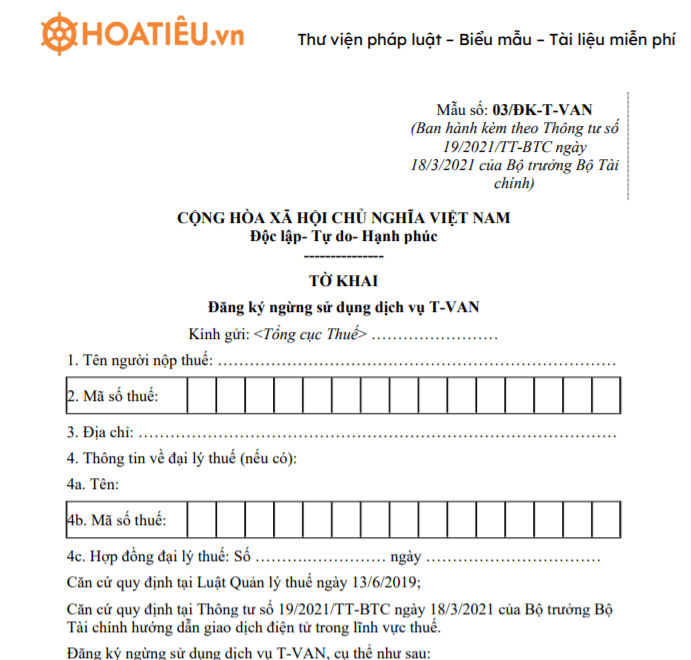 Mẫu 03/ĐK-T-VAN: Tờ khai đăng ký ngừng sử dụng dịch vụ T-VAN