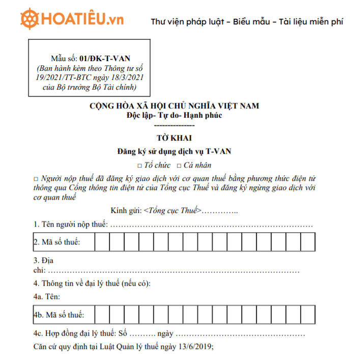 Mẫu 01/ĐK-T-VAN: Tờ khai đăng ký sử dụng dịch vụ T-VAN