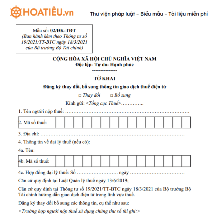 Mẫu 02/ĐK-TĐT: Tờ khai đăng ký thay đổi, bổ sung thông tin giao dịch thuế điện tử