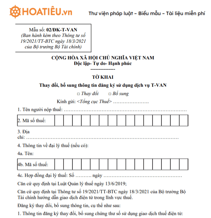 Mẫu 02/ĐK-T-VAN: Tờ khai thay đổi, bổ sung thông tin đăng ký sử dụng dịch vụ T-VAN