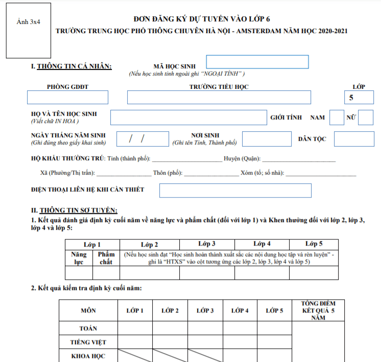 Đơn xin dự tuyển vào lớp 6 trường THPT Chuyên Hà Nội – Amsterdam