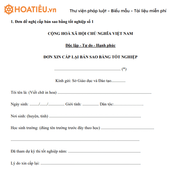 Đơn đề nghị cấp bản sao bằng tốt nghiệp