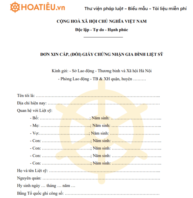 Đơn xin cấp (đổi) Giấy chứng nhận gia đình liệt sỹ