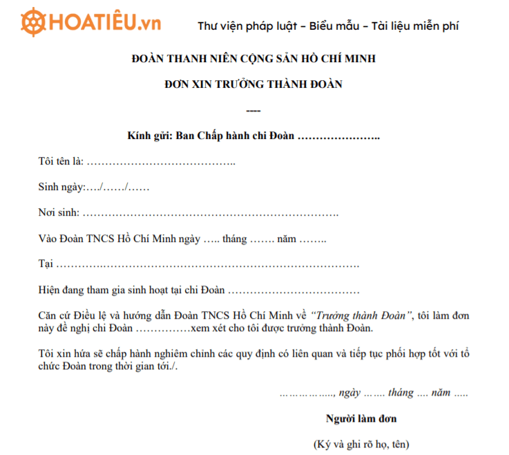 Đơn xin trưởng thành đoàn