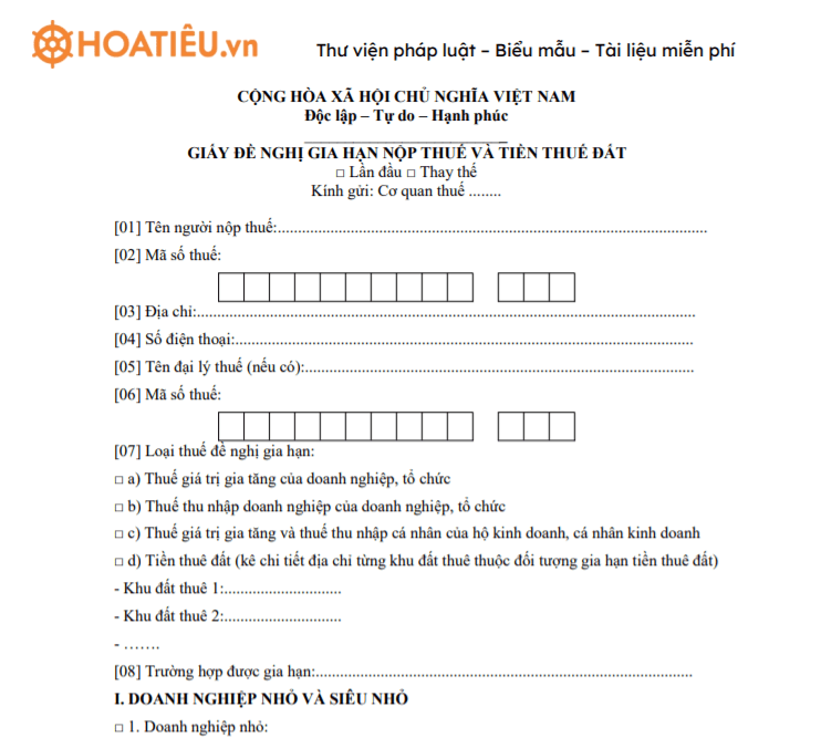 Giấy đề nghị gia hạn nộp thuế, tiền thuê đất 2021