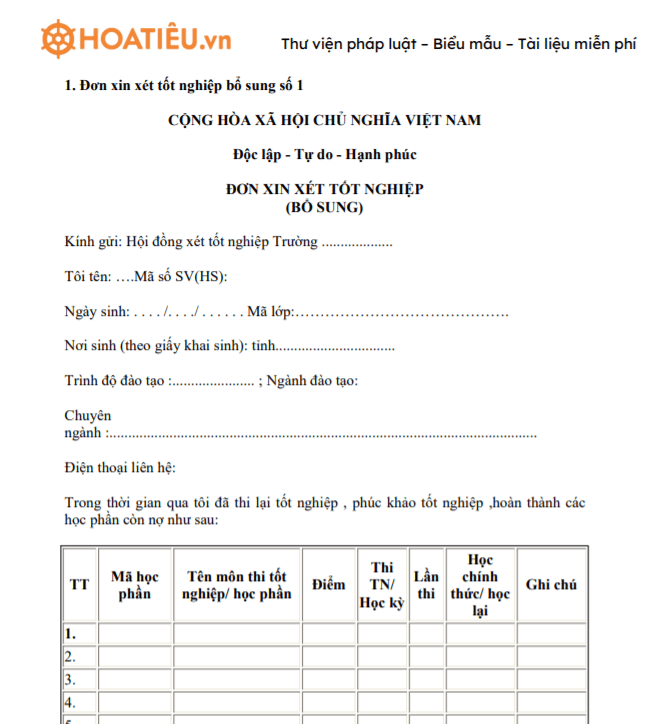 Đơn xin xét tốt nghiệp bổ sung