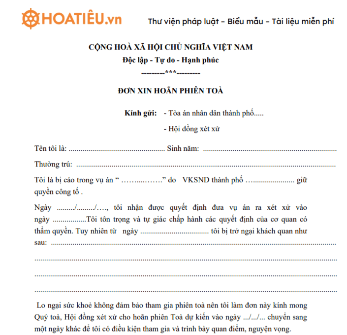 Mẫu đơn xin hoãn phiên tòa