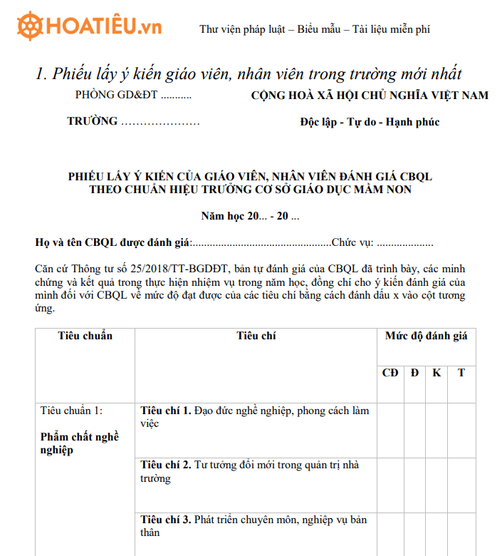 Phiếu lấy ý kiến giáo viên, nhân viên trong trường