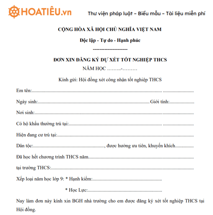 Mẫu đơn xin đăng ký dự xét tốt nghiệp THCS