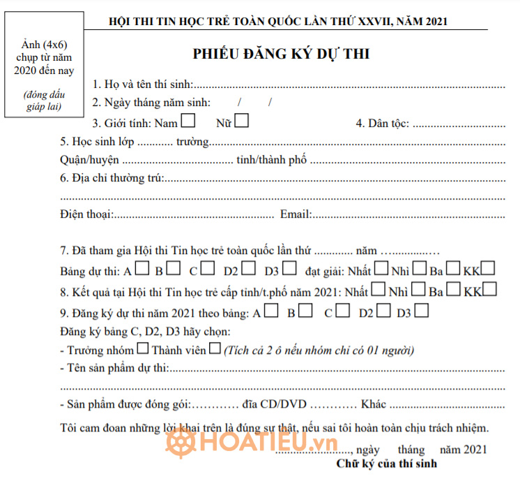 Phiếu đăng ký dự thi Hội thi Tin học trẻ năm 2021