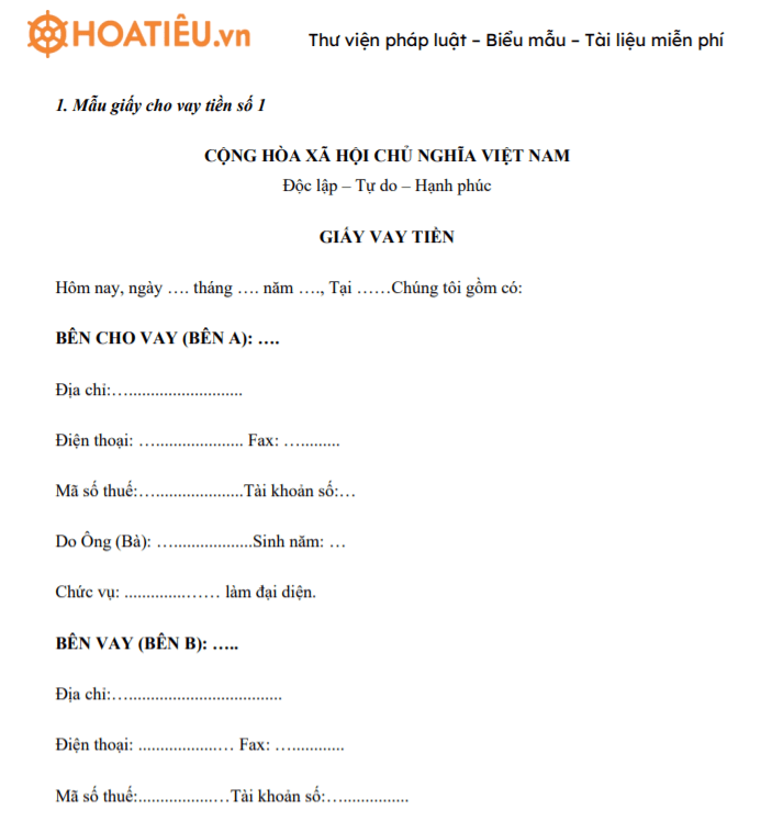 Giấy cho vay tiền 2021